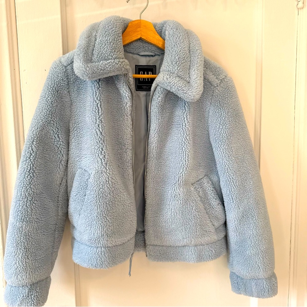 GAP Sherpa fleece bomber jacket in baby blue | Size Petite XS